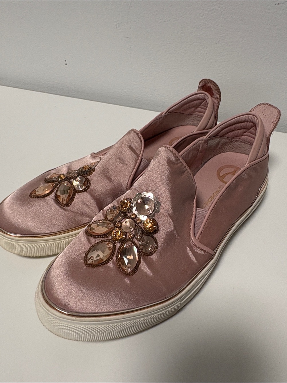 Wishbone Collection Pink Satin Slip-On Sneakers with Crystal Embellishments